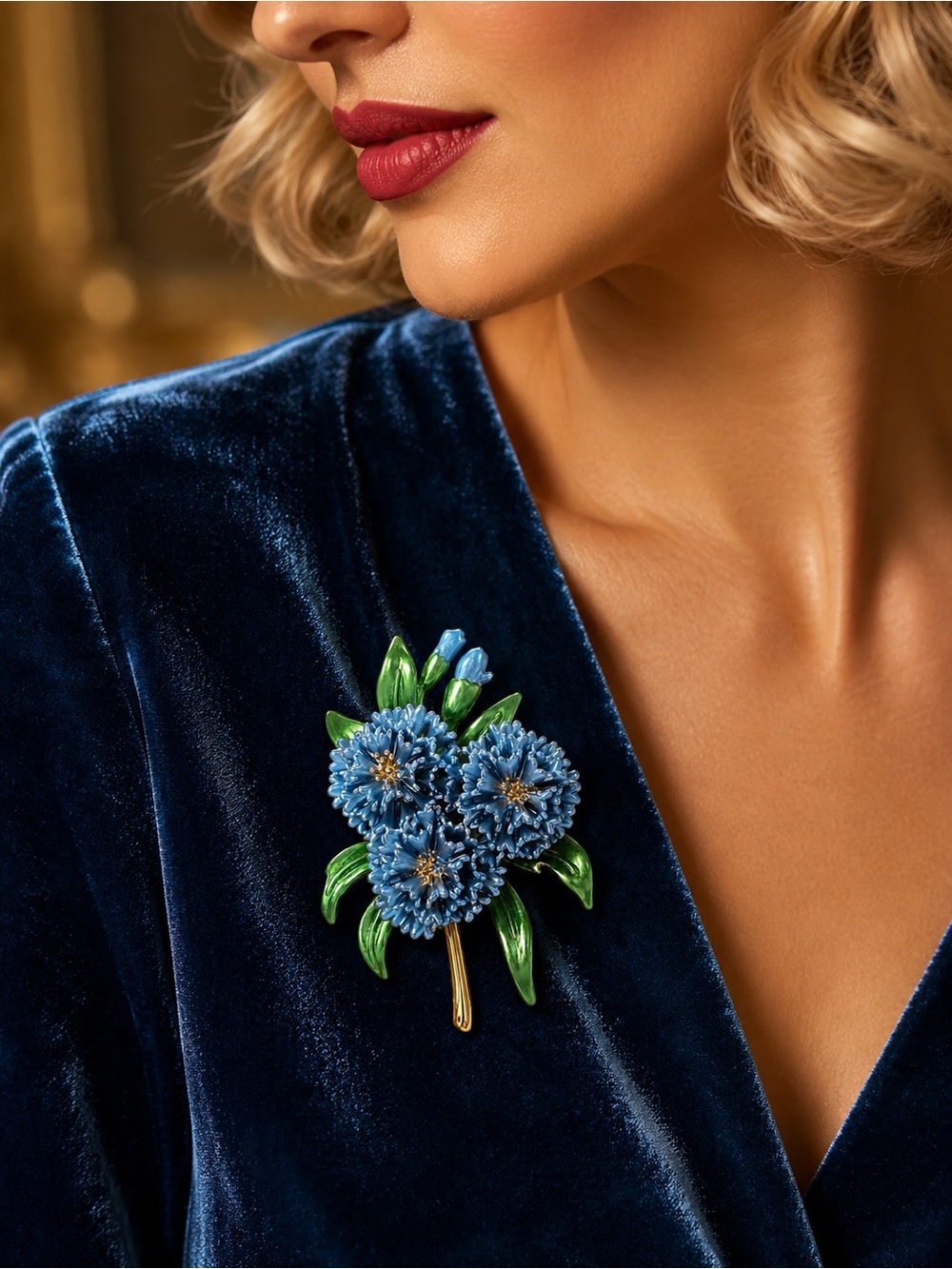 Blue Floral Bouquet Enamel Brooch with Green Leaves - Picture 6 of 6